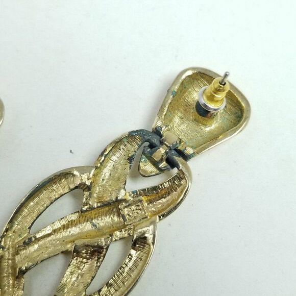 Vintage JS Signed Gold Tone Dangle Knot Design Earrings, Retro 80s Style, Estate - Picture 4 of 7